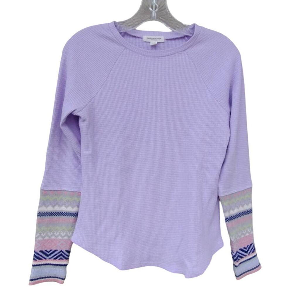 Beach Lunch Lounge Cotton Blend Thermal Top Boho Print Cuffs Purple Lilac XS